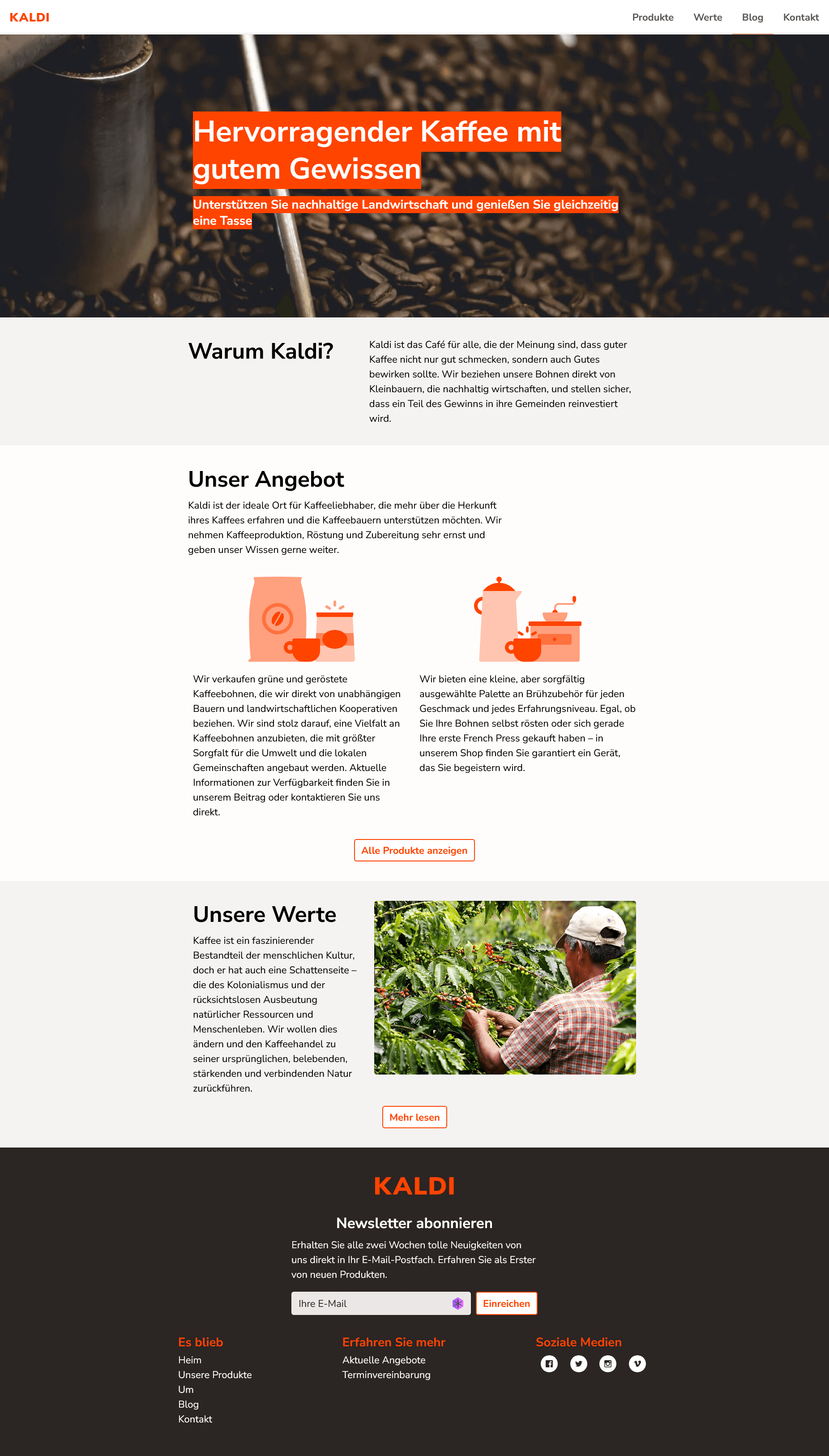 Kaldi website, specialty coffee with a clear conscience